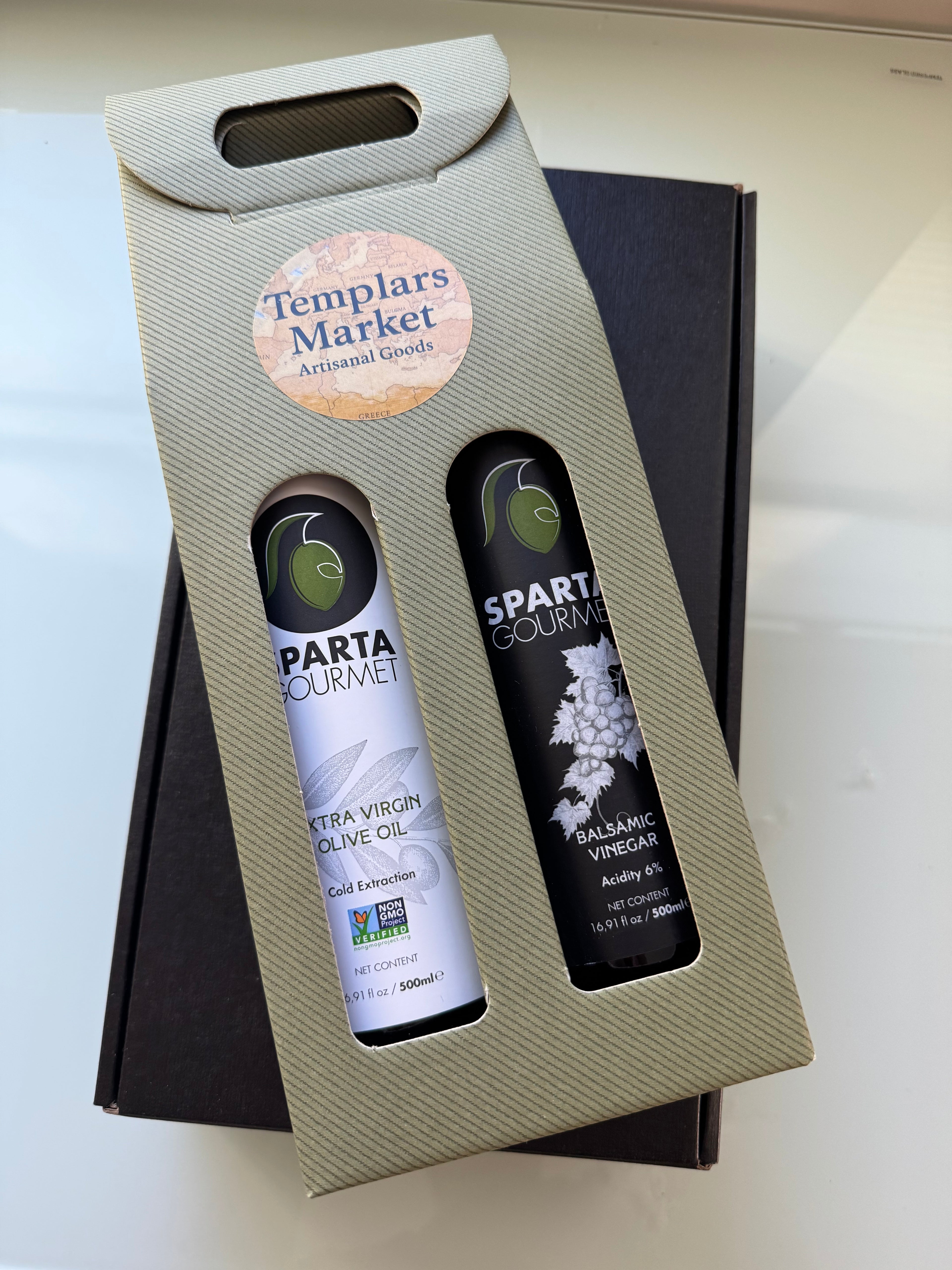 Sparta Gourmet extra virgin olive oil and balsamic vinegar combo set.